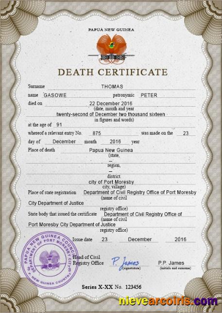 Papua New Guinea death certificate